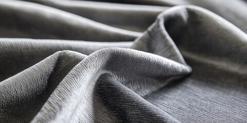 Fototapeta premium Elegant grey fabric texture showcasing soft folds and subtle sheen, primarily in muted tones with natural light enhancing the intricate details.