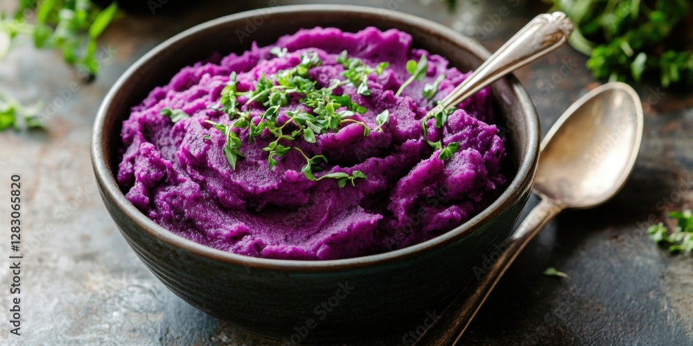 Poster mashed purple sweet potatoes in a dark bowl topped with fresh herbs on a rustic background emphasizi