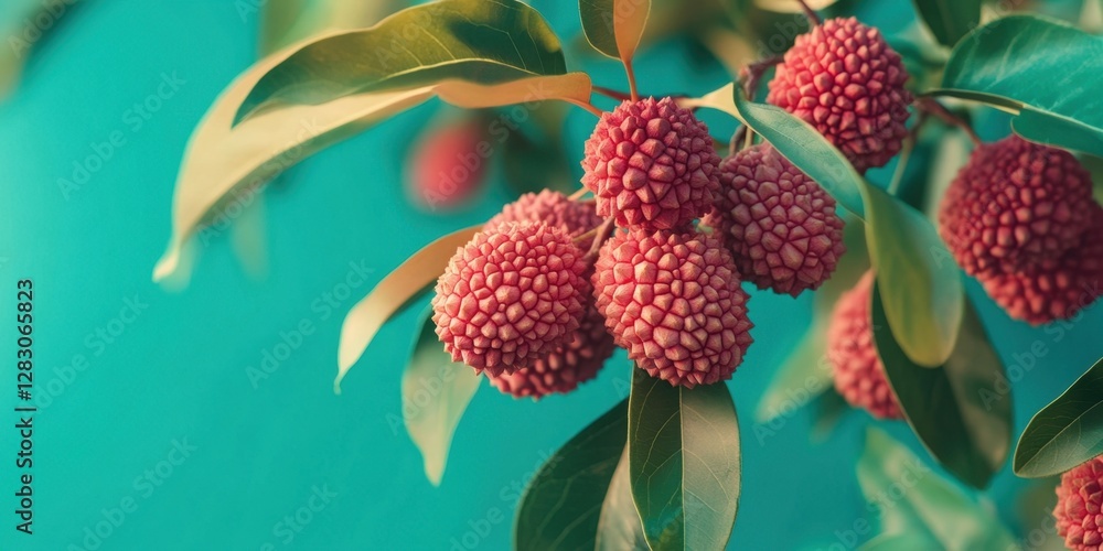 Poster vibrant display of ripe lychee fruits clustered on branch against turquoise background showcasing ri