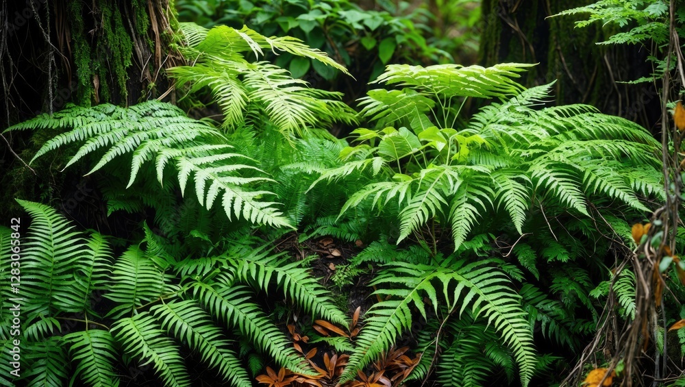 Poster lush green ferns with varying leaf shapes and sizes in a dense forest environment with soft natural 