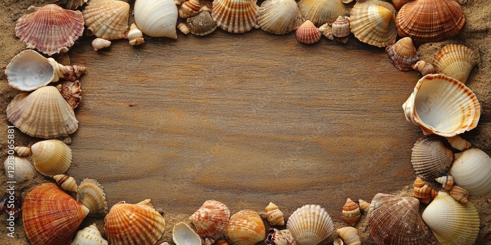 Poster Seashells arranged in a circular pattern around a wooden surface with sandy background, showcasing earthy tones for summer memory framing.