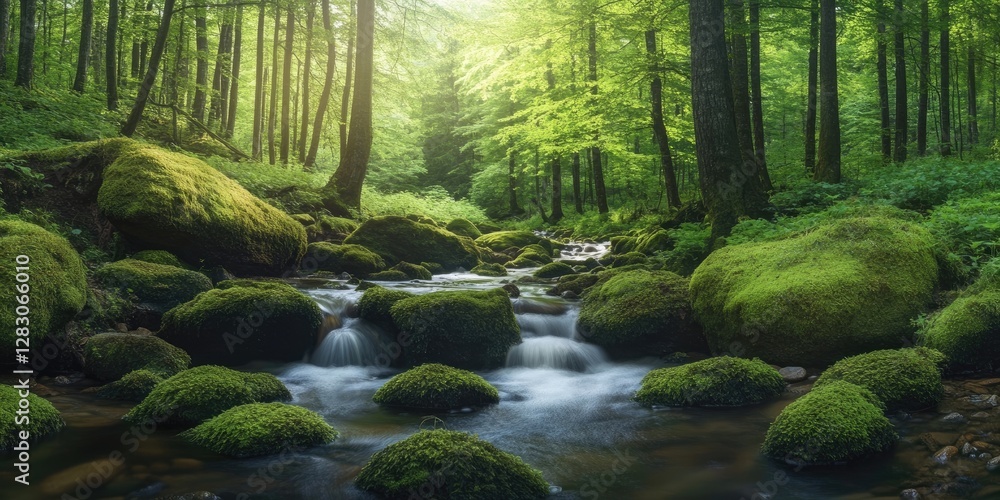 Poster lush green forest with vibrant moss-covered stones cascading stream in foreground with soft light fi