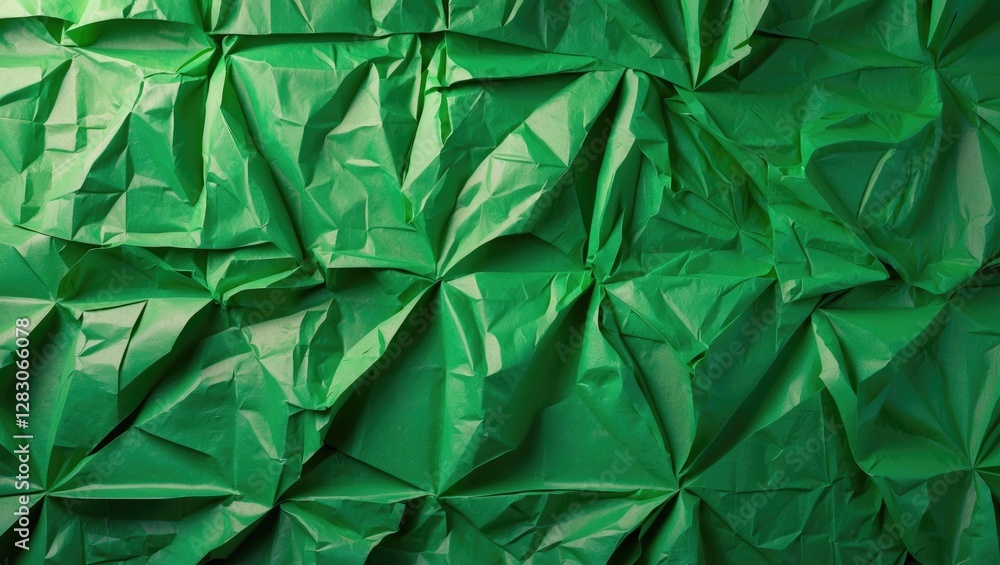 Poster crumpled green paper background with light illuminating texture and patterns for creative design and