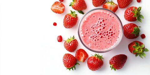 Fresh strawberry smoothie in a clear glass surrounded by whole strawberries on a white background showcasing healthy food concepts with ample text space.