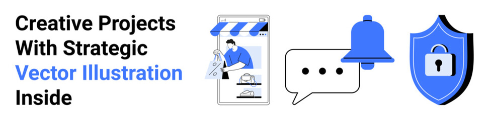 Smartphone storefront, notification bell, chat bubble, and shield with a padlock. Ideal for e-commerce, cybersecurity, digital marketing, communication, online services brand protection flat