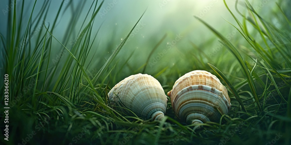 Poster Close-up of two seashells resting on vibrant green grass under soft sunlight with a hazy background creating a serene natural atmosphere.
