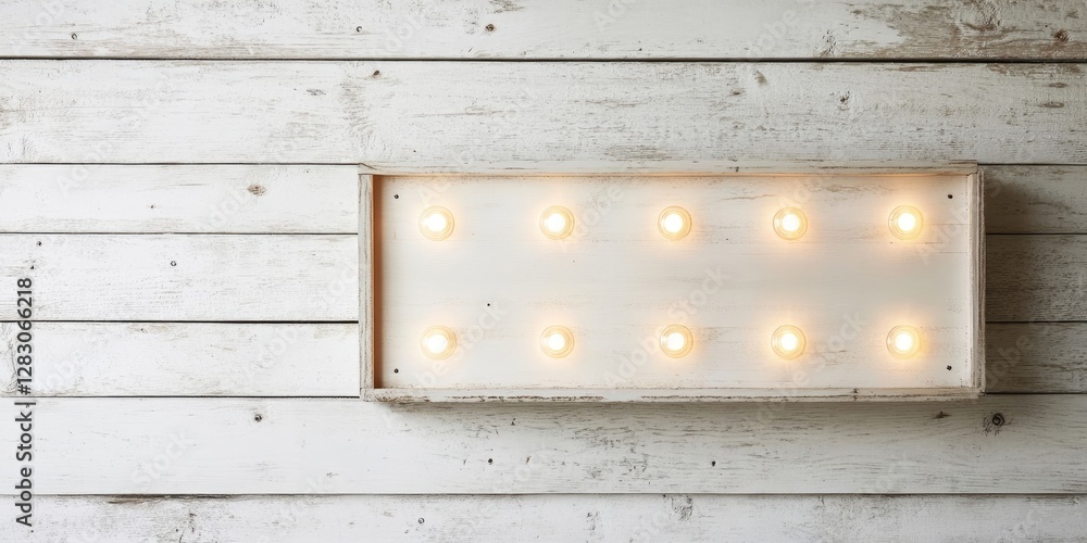 Aufkleber lightbox with warm glowing lights on a rustic white wooden surface top view empty space for text on 