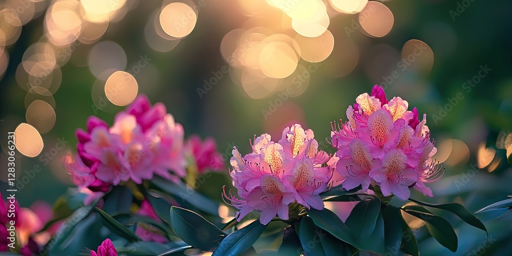 Aufkleber blossoming pink rhododendron flowers with delicate petals illuminated by soft golden bokeh lights in