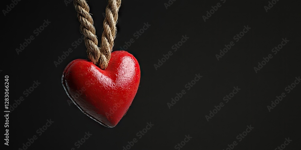 Poster red heart symbol suspended from a rope against a dark background highlighting romantic themes for va