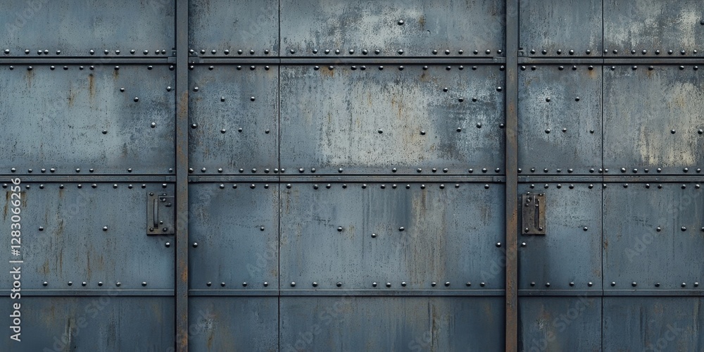 Poster Industrial grey garage door displaying detailed textures and weathered metal surface with rivets and rust, ideal for creative design projects.
