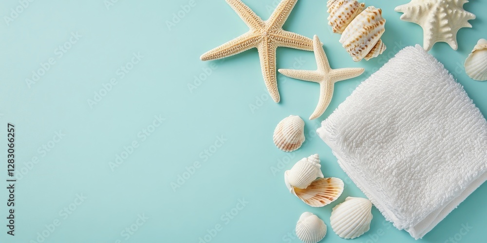 Poster sea-inspired flat lay composition with white towel on soft turquoise background, featuring starfish 