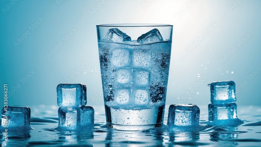 Poster refreshing glass of soda water with ice cubes and bubbles against a bright blue background creating 