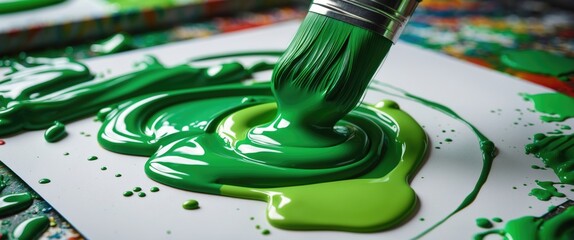 Brush applying vibrant green paint on white paper amidst colorful splashes creating an artistic composition for creative projects.