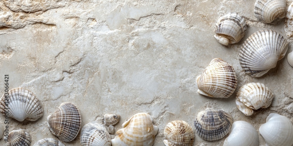 Poster Seashells arranged on a textured sandy background with soft neutral tones and organic shapes creating a serene coastal aesthetic.