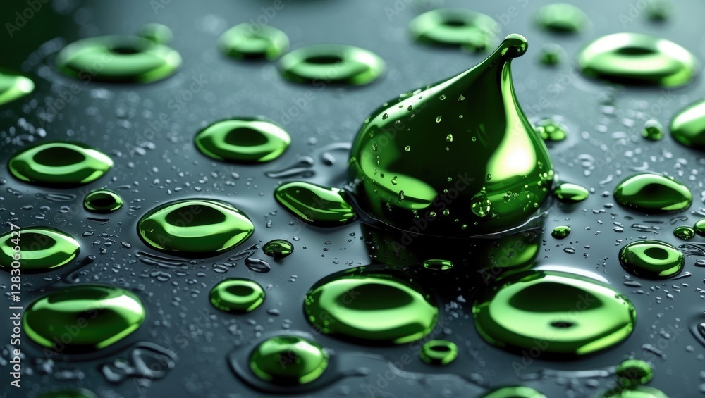 Poster reflective green metal droplets on a dark glossy metallic surface creating an artistic and visually 