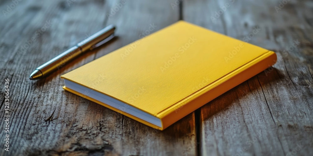 Aufkleber bright yellow notebook and silver pen lying on a textured wooden table surface with natural light en