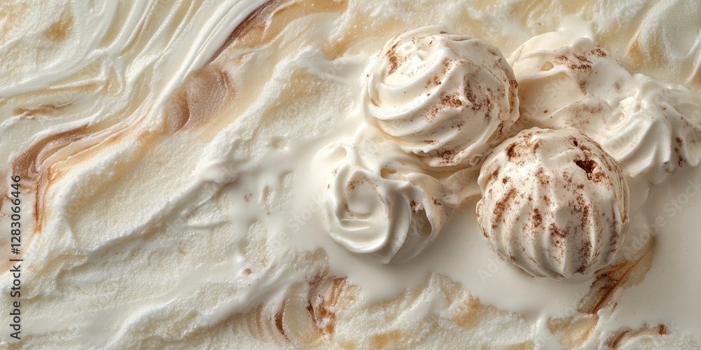 Poster three scoops of creamy ice cream on a smooth swirl of rich chocolate and vanilla sauce, set against 