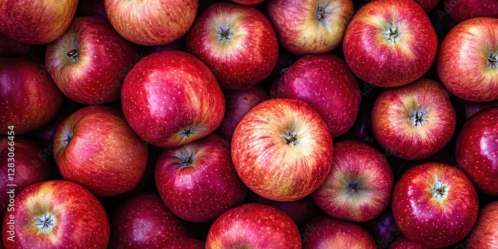 Poster vibrant red apples with golden-yellow highlights arranged densely on a dark surface creating a rich,