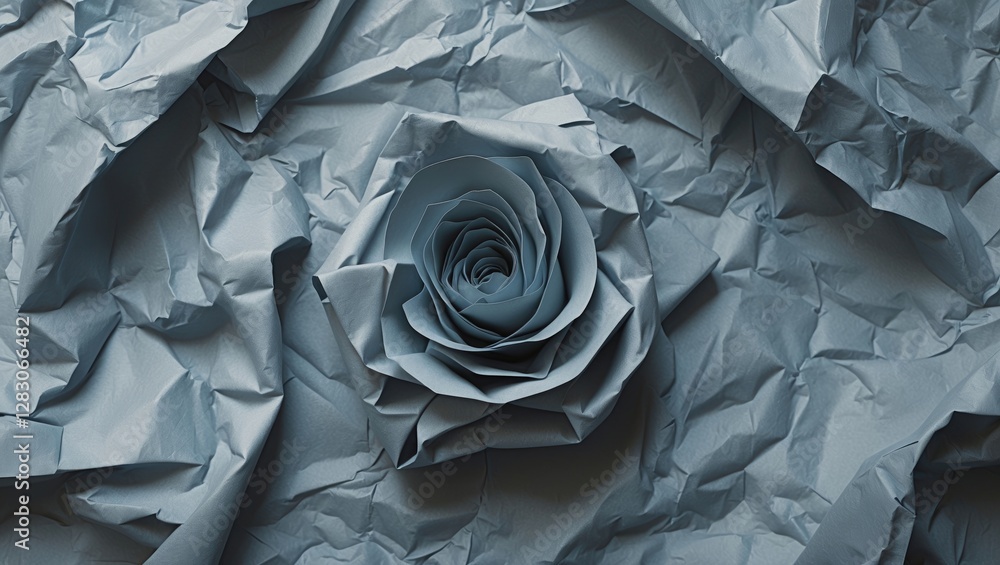 Aufkleber blue crumpled kraft paper texture with an elegant paper rose in the center creating a unique and art