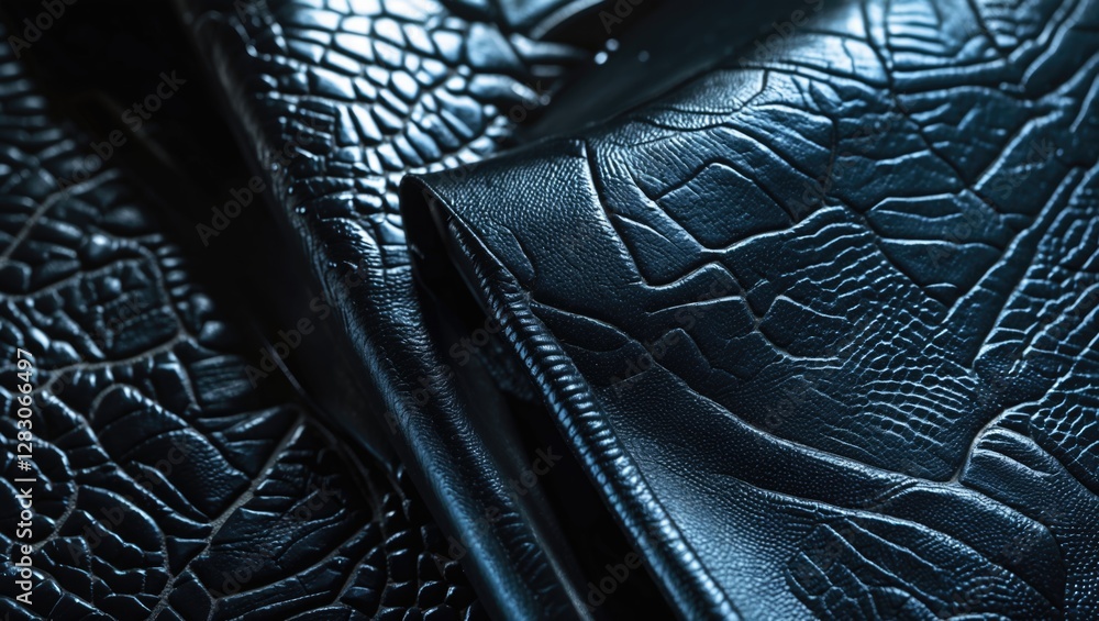 Poster Glossy black synthetic leather texture with embossed pattern showcasing detailed macro shot ideal for design and textile applications.