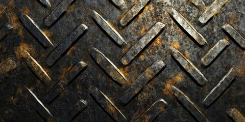 Metallic surface with a distressed chevron pattern featuring dark gray and rust colors, emphasizing texture and industrial design elements.