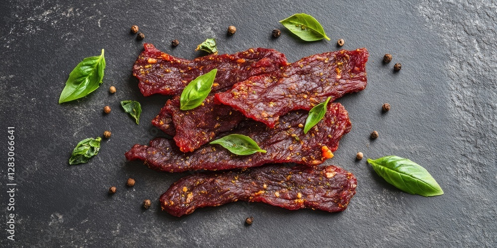 Poster savory pieces of beef jerky seasoned with spices and fresh basil arranged on a dark gray stone backg