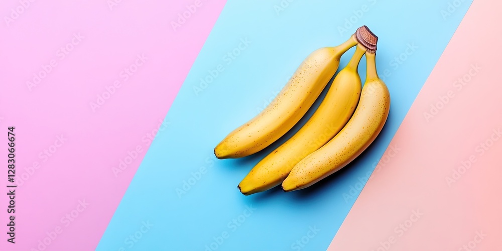 Poster Three ripe yellow bananas arranged on a soft pastel pink and blue background creating a minimalist flat lay design with copy space for vegan themes