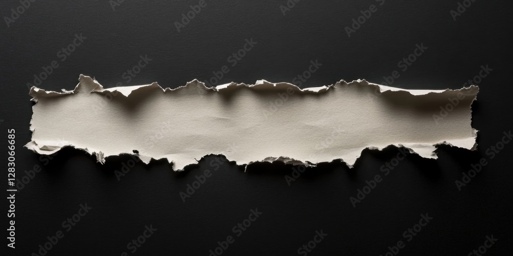 Poster torn beige paper strip positioned centrally against a dark black backdrop creating ample copy space 