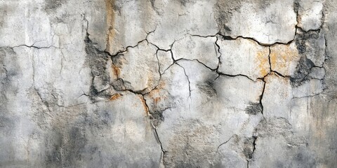 Obraz premium Textured gray cracked concrete wall with orange and black patches, showcasing a grungy appearance, ideal for background or artistic use.