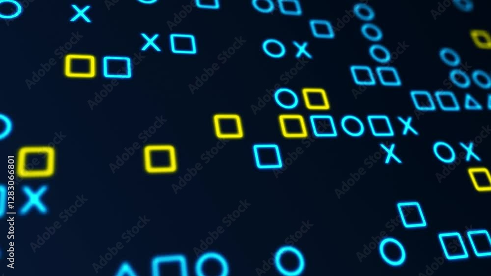 Poster blue glowing shapes matrix on a grid. bokeh effect, horizontal composition. technology motion graphi