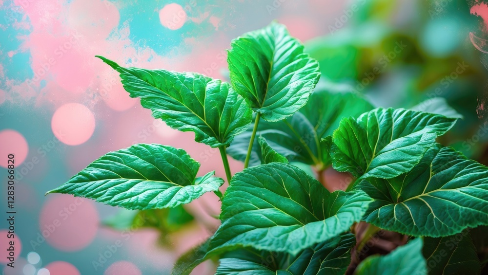 Poster macro view of vibrant green leaves with soft bokeh background creating an ethereal, nature-inspired 