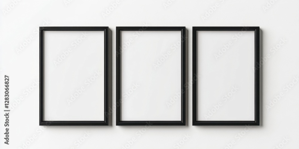 Poster Minimalist black photo frames arranged horizontally on a clean white background, showcasing three distinct empty rectangular spaces for art.