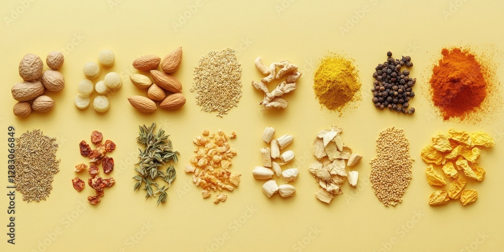 Poster colorful arrangement of various spices and nuts on a bright yellow background, showcasing textures a