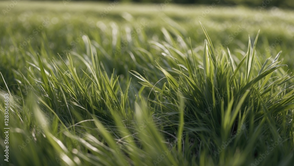 Poster lush green grass gently swaying in the breeze under soft natural lighting in an open field setting