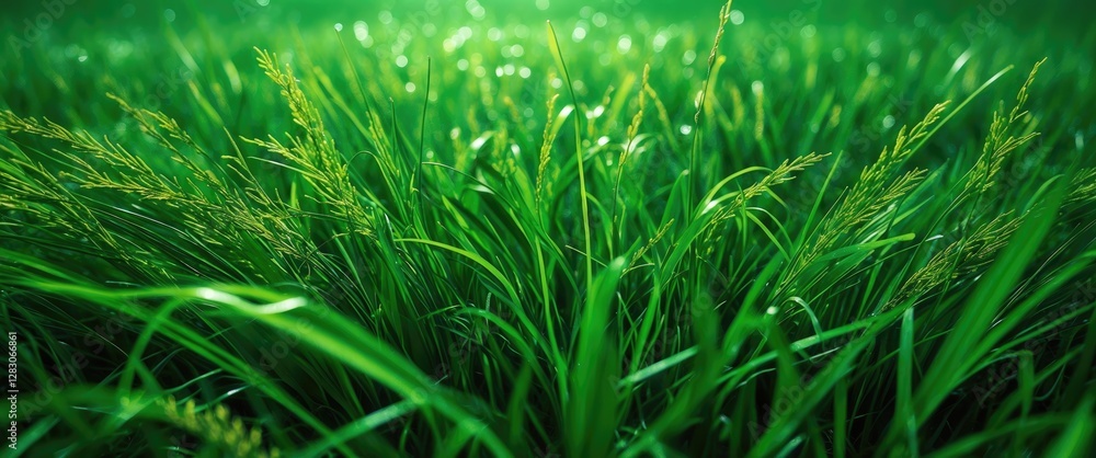 Poster lush green grass texture with dew drops creating a serene and vibrant nature background ideal for en