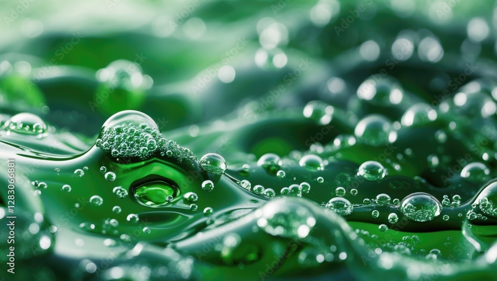 Aufkleber Closeup of shimmering green liquid surface with bubbles creating a vibrant texture and depth for abstract backgrounds or design elements.