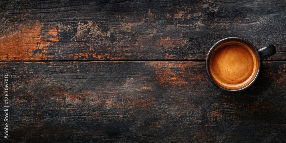 Poster Top view of a black coffee cup on textured rustic wooden background with dark brown and orange hues creating a warm, inviting atmosphere.