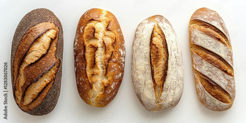 Poster assorted rustic artisan bread loaves on a white background showcasing textures, colors ranging from 