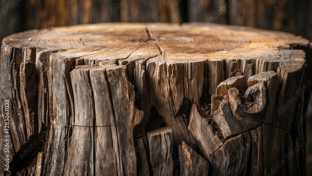 Poster Detailed close-up of rustic wooden stump with intricate textures highlighting natural patterns and aged beauty suitable for background use.