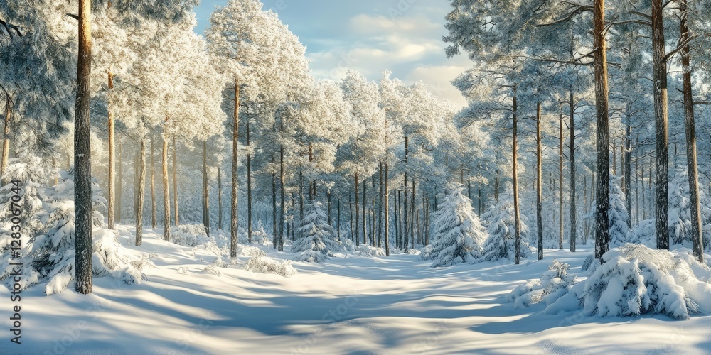 Poster serene winter landscape featuring tall evergreen trees dusted with snow under a clear blue sky, capt