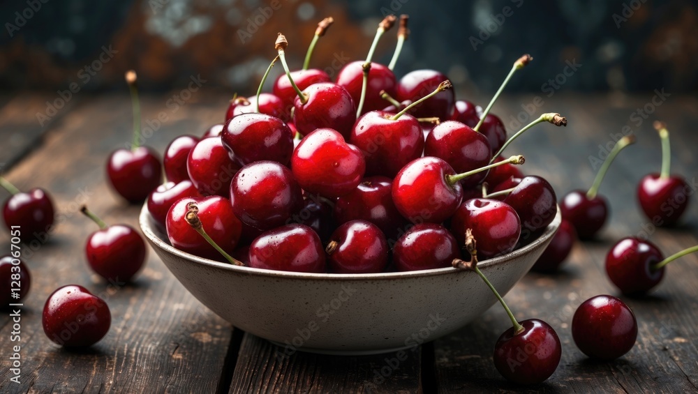 Aufkleber Close-up of a bowl filled with ripe red cherries on a rustic wooden table with a dark textured background.