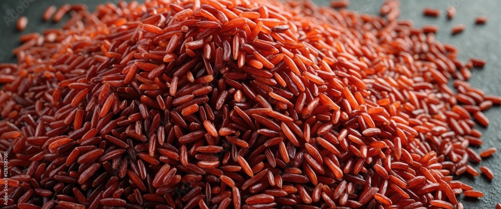 Poster heap of uncooked red rice on a dark surface with a textured background showcasing its rich color and