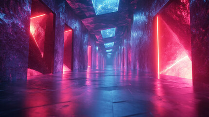 Obraz premium 3D background of floating geometric shapes with neon accents in a futuristic void