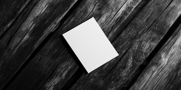Business card mockup on dark wooden background with textured black and white gradient showcasing blank template in tilted position.