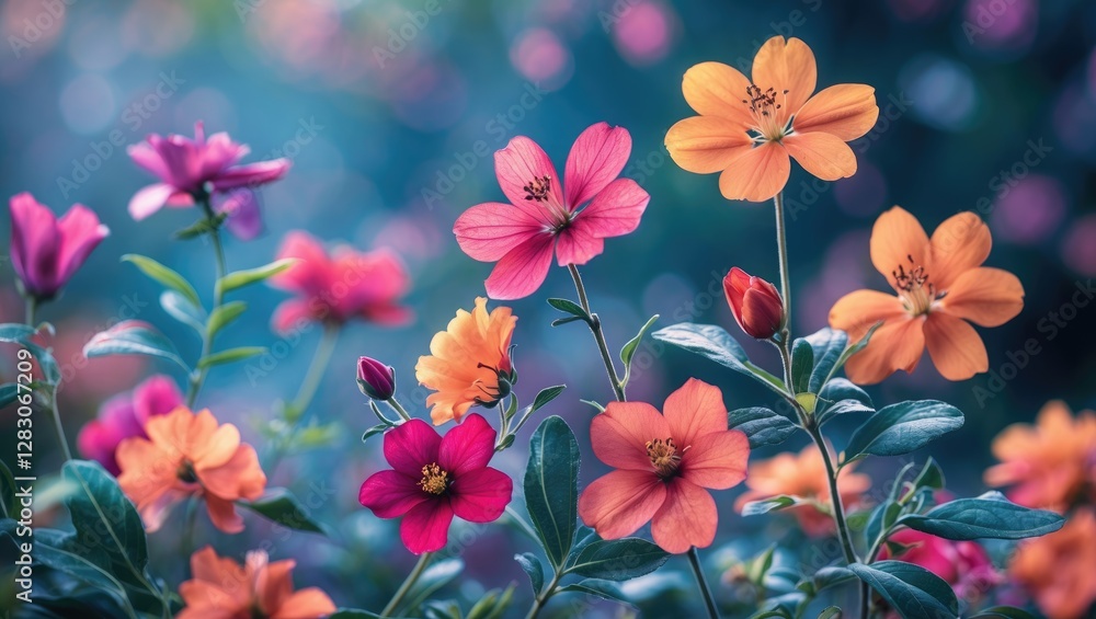 Aufkleber Vibrant floral composition with colorful flowers and soft blurred background creating an enchanting botanical atmosphere.