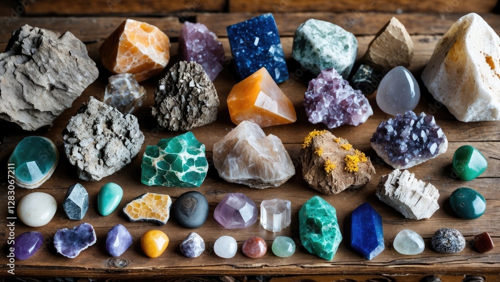 Poster Colorful collection of various minerals and gemstones displayed on a rustic wooden table showcasing their unique textures and shapes.