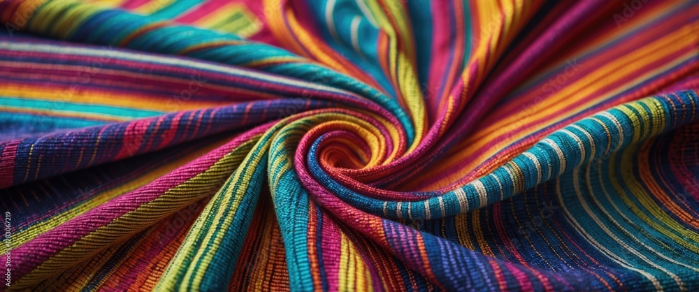 Aufkleber Vibrant closeup of colorful striped textile showcasing intricate patterns and textures in a swirling fabric design ideal for backgrounds.