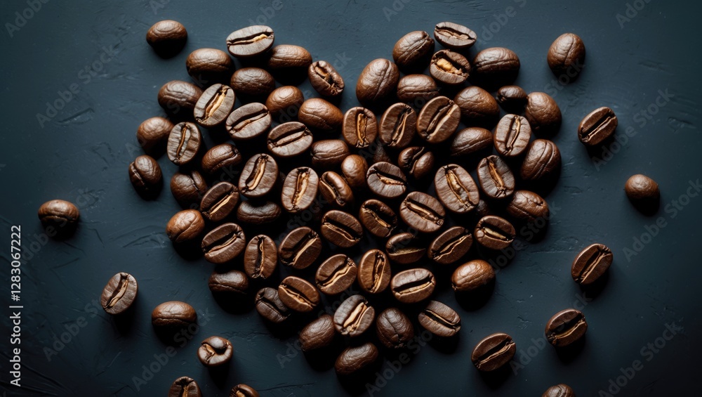 Poster Coffee beans arranged in a heart shape on a dark textured background with ample copy space for beverage or love-themed designs