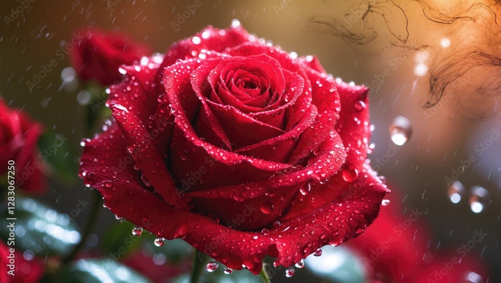 Poster Close up of vibrant red rose adorned with raindrops set against a soft bokeh background creating a romantic floral ambiance.