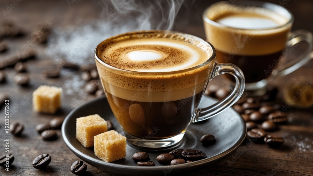 Poster steaming americano coffee with sugar cubes and coffee beans on rustic table with empty space for tex